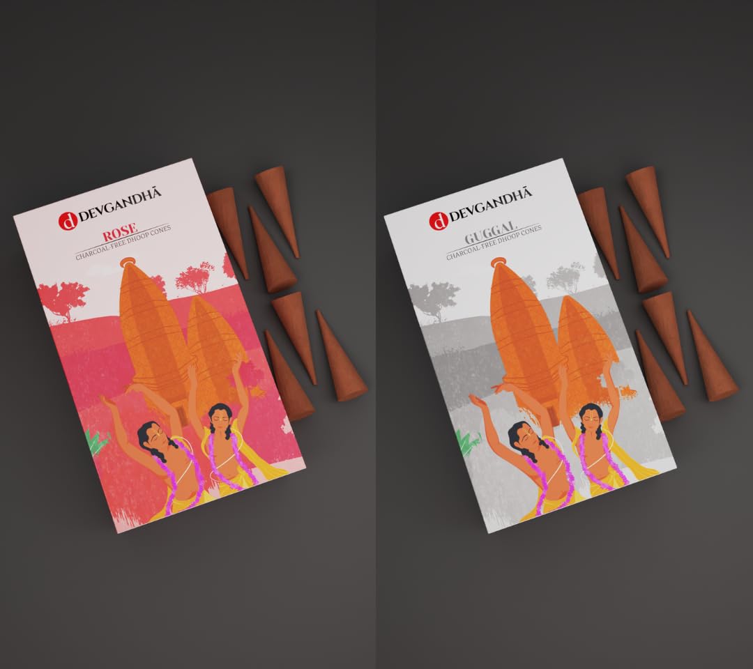 Devgandha Pack of 2 dhoop Cones| Charcoal-Free dhoop Cones | 2 fragrances Rose & Guggal | 300 GM (Approx. 100 Cones)