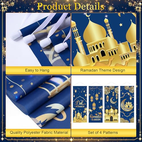 Image of Panelee 4 Pcs Ramadan Mubarak Porch Sign Banners Blue Gold Eid Mubarak Decorations Muslim Ramadan Kareem Door Banner Backdrop for Home Doorway Indoor Outdoor Wall Hanging Decor