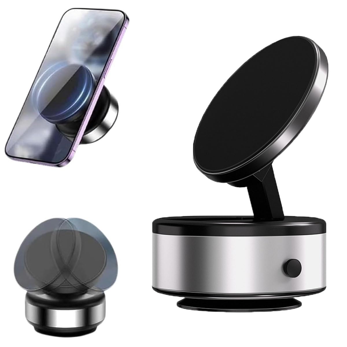 Soporte Magnético Rotativo 360° para Teléfono en Coche, con Ventosa Eléctrica de Vacío para Todos los Smartphones (Plateado)