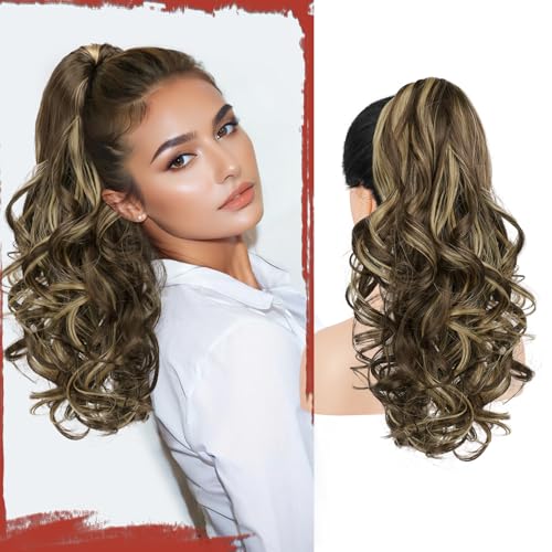 Sofeiyan Coleta Postiza Rizada 43cm con Pinza de Garra, Extensión de Pelo Sintético de Aspecto Natural Cola de Caballo Falsa para Mujer, Castaño Ceniza con Mechas Rubio Platino