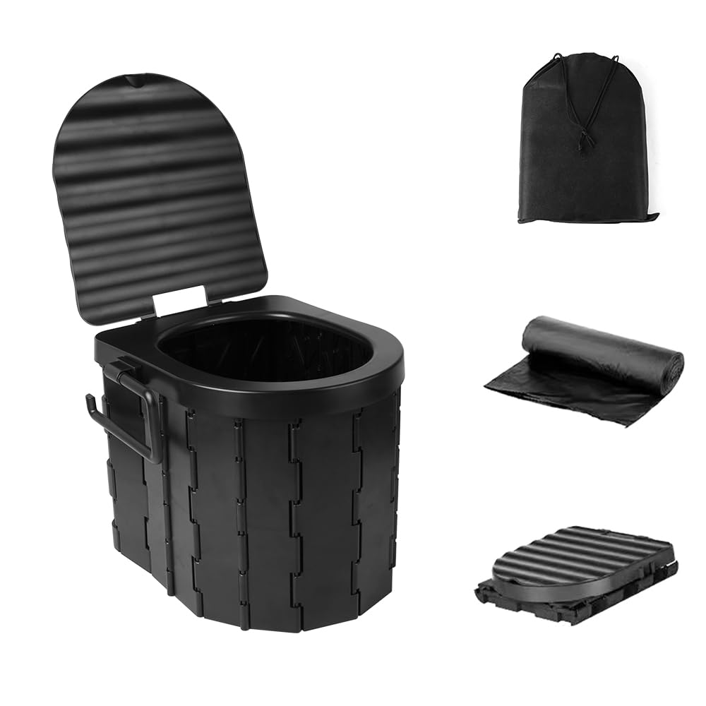 Folding Toilet Car Outdoor Travel Potty Portable for Camping Hiking Beach with 12 Garbage Bags Black