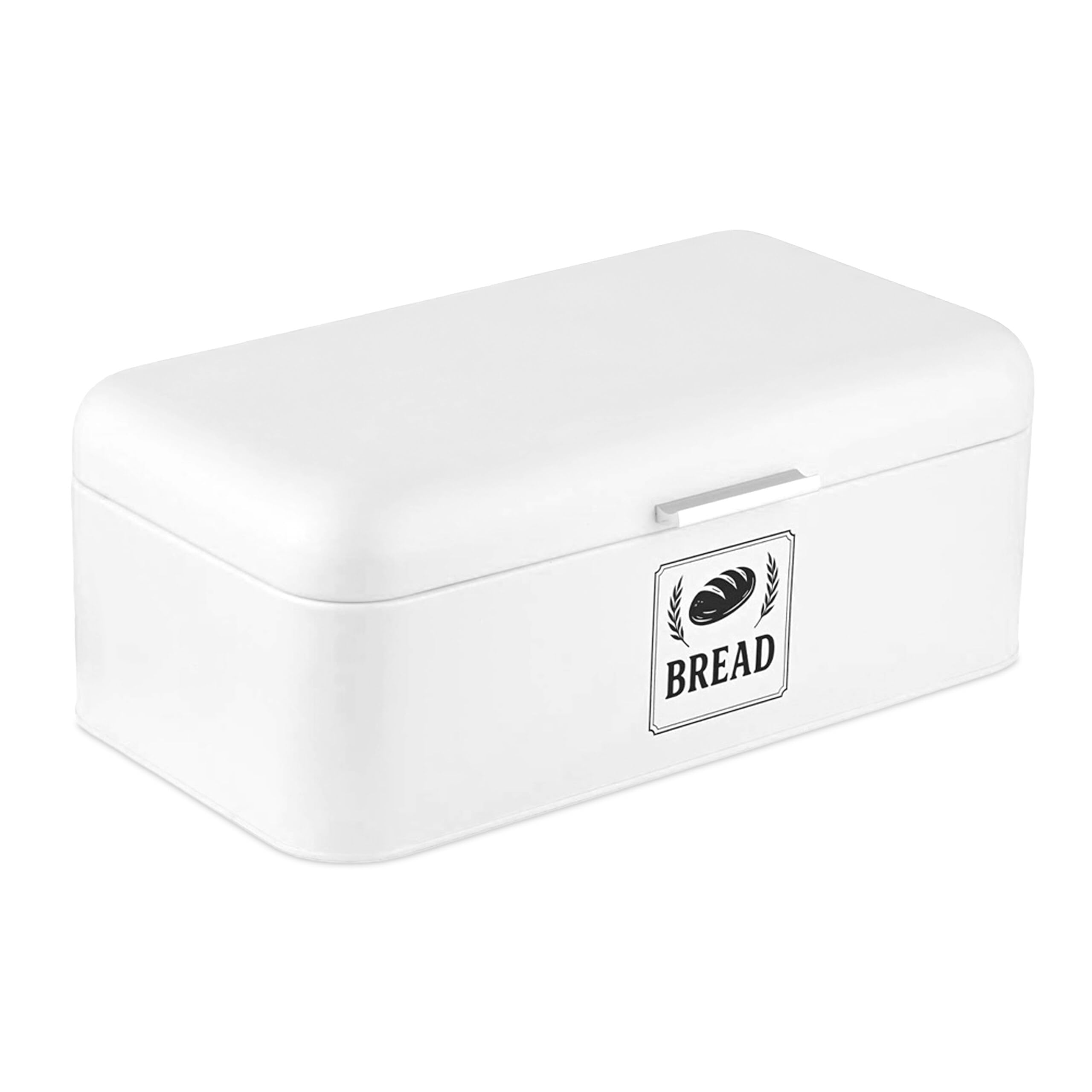 Relaxdays bread bin, bread box with lid & handle, HWD: 17x42x24 cm, bread storage, retro style, metal, white