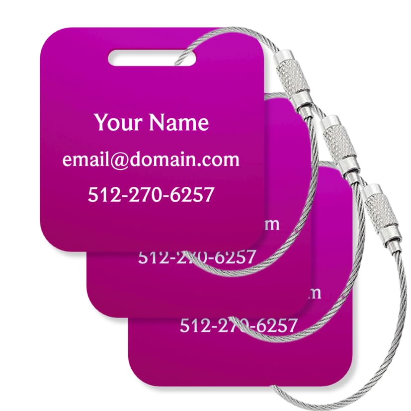 Custom Metal Luggage Tags (3 or 6 Pack) - Personalized Unique Suitcase & Backpack Travel, Durable, Waterproof & Heavy Duty (Purple)