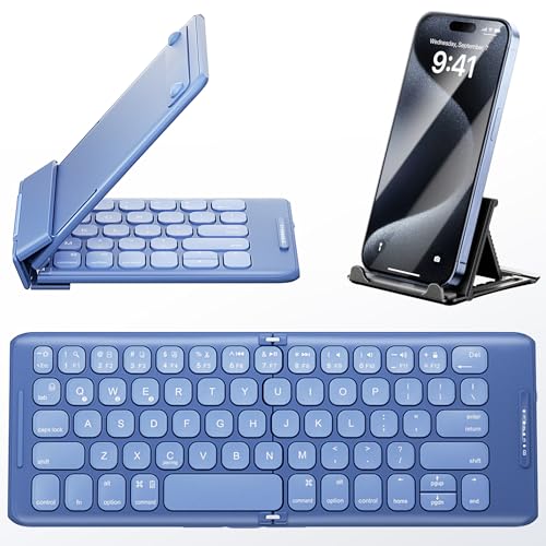 PuechAxe Bluetooth Foldable Keyboard with Stand Holder, Rechargeable Pocket Size Folding Travel Keyboard for iPhone, iPad, Tablet, Laptop, Smartphone, B088BL