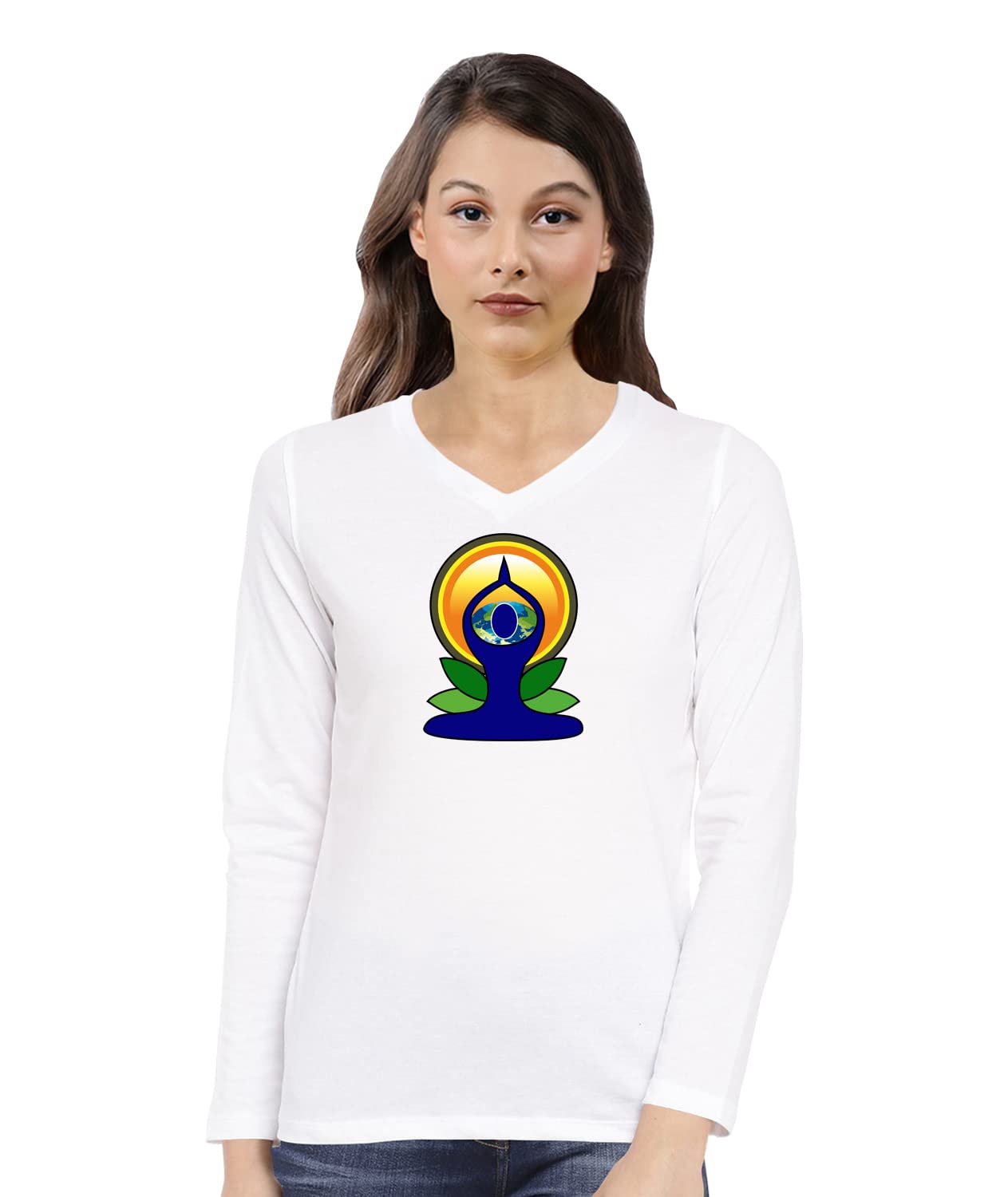 oplu Women's Regular Fit Yoga Day Logo Cotton Printed V Neck Full Sleeves Yoga Tshirt. Yoga, Exersice, Fitness, Yoga, Trending Tshirts, Pootlu. (Pooplu_White_3X-Large)-picture-17
