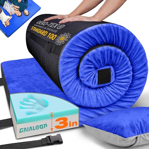Image of GAIALOOP 3 Inch Memory Foam Camping Mattress, Dual Layer Thick Sleeping Camp Pad for Car Tent Cot, Roll-Up Portable Glamping Floor Bed for Guests Sleepover