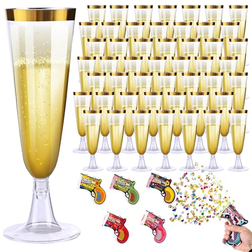 50 Copas de Plastico Champagne Cava Desechables Duro Vino Plástico 160ml Lavables y Reutilizables +5 Cañones de Confeti Vasos para Champagne, Vino Espumoso y Postres, Ideal Bodas Cumpleaños y Fiestas