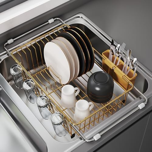 JASIWAY Gold in Sink Dish Drying Rack, Expandable Stainless Steel...