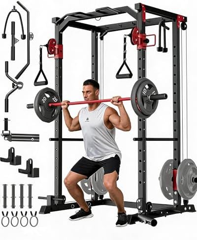GarveeGarvee Power Cage, Multi-Functional Power Racks for Home Gym with Dual Pulley Systems, 1200 LBS Weight Capacity Fitness Squat Rack for Strength Workout with More Training Attachment, Red List Price: