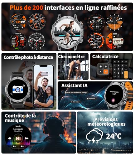 1000 mAh Batterie Montre Connectée Homme Militaire, 1.7'' HD Smartwatch Homme avec Appel Bluetooth, LED Lampe, 114 Modes Sport, Fréquence Cardiaque/Moniteur de Sommeil, IP68 Montre pour Android iOS – Image 5