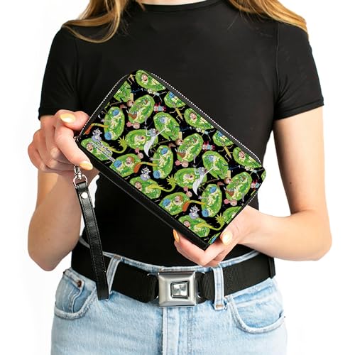 Buckle-Down Rick and Morty Wallet, Zip Around, Rick and Morty Portal Multi Character Scattered Black/Green, Vegan Leather4