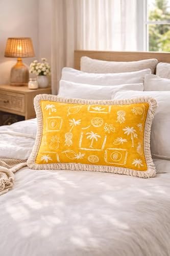 WWW.THROWPILLOW.IN Mustard Yellow Tropical Cushion Cover with Fringe – Cotton Palm & Fruit Print Decorative Throw Pillow Cover for Sofa, Living Room Rectangular Cushion 12x20 Inches