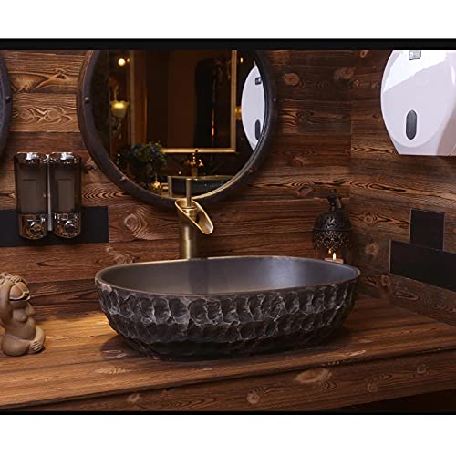 Fregadero de baño con patrón de piedra, diseño retro, lavabo de cerámica ovalado, estilo chino, antiguo y creativo