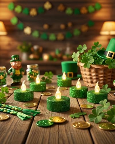Image of Green Tea Lights with Timer, Glitter Sparkly Tealights, 12 Pack | for St. Patrick's Day, Holiday, Event, Halloween Decorations, Built-in 6 Hours Timing