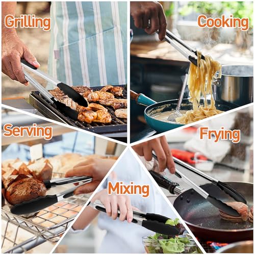 Onader Kitchen Tongs Set of 2, Silicone Food Tongs with Stainless Steel Handle, Great for Cooking Serving Barbecue, Silicone Tips & Locking Clip, Heat Proof & Dishwasher Safe, 9 & 12 Inch - Black - Image 7