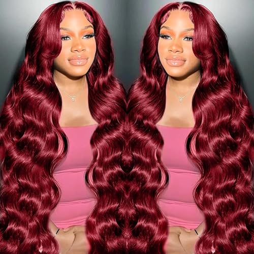 Image of MUZOJET 99j Burgundy Lace Front Wigs Human Hair 13x6 Body Wave Lace Front Wigs Human Hair Pre Plucked Glueless Red Wig Wine Red Wigs for Women Reddish Brown 180 Density 30 Inch