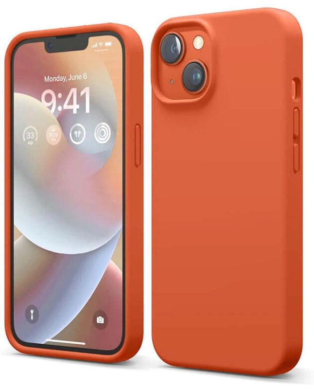 Image of Premium Liquid Silicone Case for iPhone 14 - Slim Full Body Protective Back Cover with Soft Microfiber Lining, Anti-Slip Grip Scratch Resistant Phone Case (Orange)