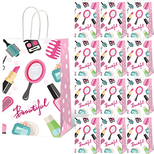 gisgfim 12 Pcs Spa Makeup Birthday Party Goody Treat Favor Bags Cosmetics Party Paper Gift Bags Spa Theme Party Decorations for Kids Girl Makeup Birthday Party Supplies