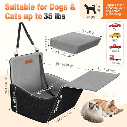 Tivray Erhöhter Hundesitz fürs Auto, Hunde Autositz für kleine & mittlere Hunde bis 16 kg, Abnehmbar & Waschbar, Memory Foam Hundesitz mit 2 Taschen & 3 Sicherheitsgurten, Schwarz+Grau
