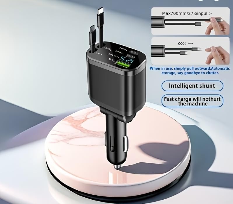 Image of 120W Fast Car Charger with 80CM Retractable Type-C & 30-pin Port Cables Charging for 4 Devices - Universal Car Mobile Charger for All Smartphones & Tablets (5 in 1 Car Charger)