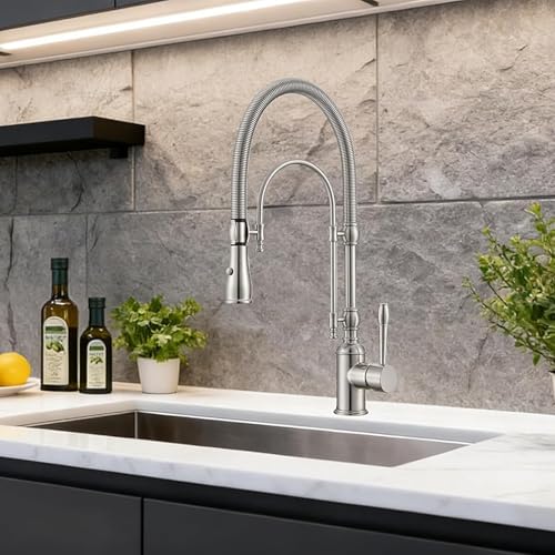 Image of Classical Commercial Copper Kitchen Faucet, Single Handle Spring High Arc with 360 Swivel Pull Down Spray, Brushed Nickel Finish & Deck Plate for Farmhouse Sink