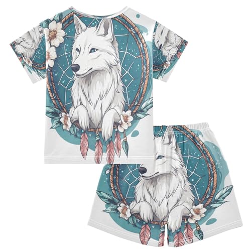 senya Short Sleeve Pajamas Sets Summer Cotton Sleepwear Pink Feather Dreamcatcher Wolf2