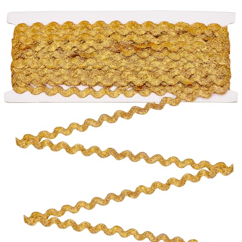 MAYJOYDIY 13.7m Golden Wavy Bending Ribbon 8mm Wide RIC Rac Webbing Edge Trim Gold Glitter S Wave Braid Trim for DIY Making Gift Wrapping Sewing Cloth Home Party Decoration