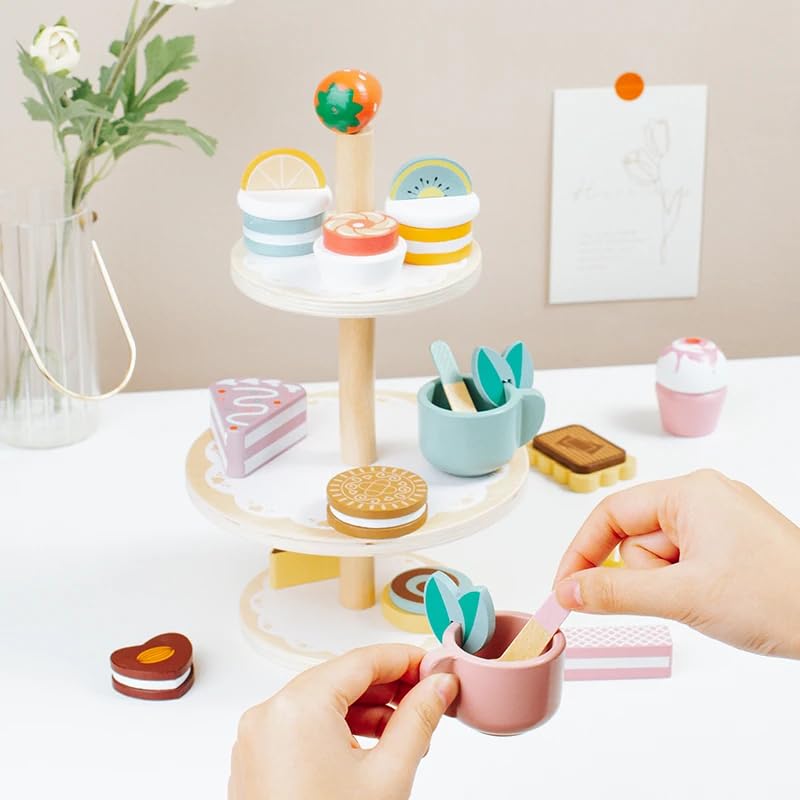Image of Wooden Afternoon Tea Party Set for Kids- Includes Pastries- Cookies- Cake Rack- Cups & Spoons- Children's Food Play-Kitchen Accessories