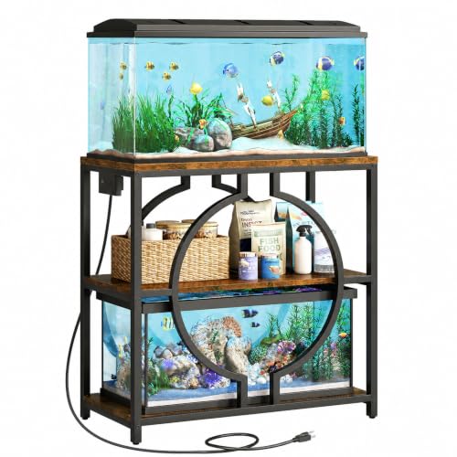 HavenlyYouth 20-29 Gallon Aquarium Stand with Power Outlet 3 Tier Heavy Duty Metal Fish Tank Stand with Storage Shelf Fish Tank Table for Home Office 31.5 L x 15.7 W x 31.2 H Rustic Brown