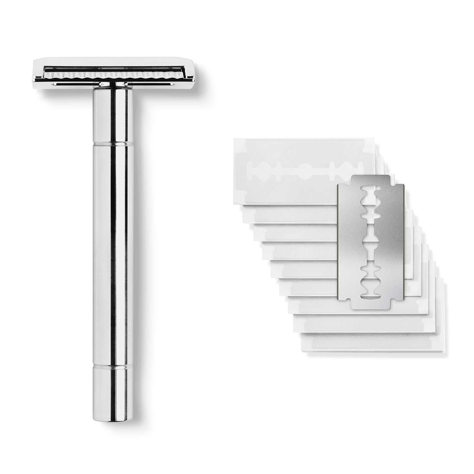 Störtebekker, rasoio "Solingen", in acciaio inox lucidato, con guida per rasatura [+ 10 lame Störtebekker], idea regalo, set per rasatura bagnata