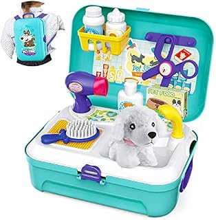 Sanlebi Pet Care Role Play Set Grooming Toys Feeding Dog Backpack Vet Kit Toy for Kids Children (16 pcs)