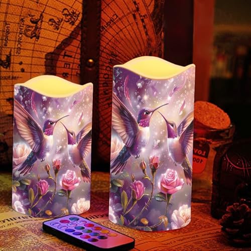 Image of Purple Hummingbird Floral Plastic Flameless Candles with Remote Control and Timer LED Flickering Battery Electric Pillar Candles for Table Decoration