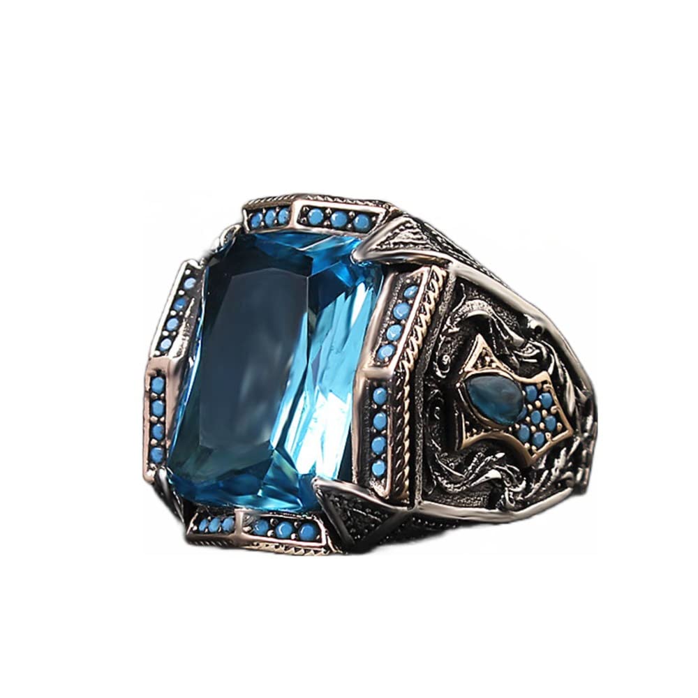 925 Sterling Silver Aquamarine Stone with Turquoise Stones Men Silver Ring, Handmade Blue Aquamarine Stone Men's Silver Ring, Vintage Men Ring, Turkish Ottoman Men Ring, Gift for him, Mens Ring