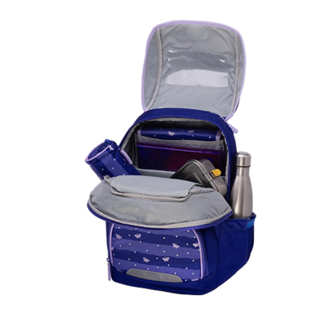 Schneiders Ergojet Schultasche Set Blissy Butterfly (6-teilig) – Mädchen-Schulranzen mit Schmetterling-Motiv, wandelbar zum Schulrucksack, LED-Licht, ergonomisch & nachhaltig, 21L, Blau/Lila