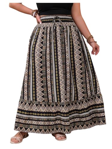 Floerns Women's Plus Size Boho Flowy Maxi Skirts Drawstring Elastic Waist Summer Skirt