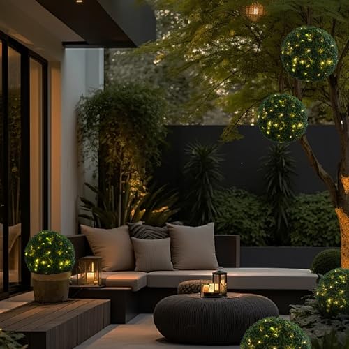 2 Pcs Lighted Topiary Ball Outdoor Pre-Lit Faux Boxwood Planter Filler Sphere, Artificial Topiary Ball， Decorative for Backyard, Balcony, Garden, Wedding Party, Home Office (15 * 15)