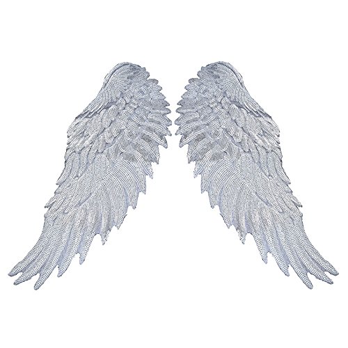 1Pair Fashion Gold/Silver Angel Wings Sequins Patches For Clothing Iron-On Embroidered Patch Motif Applique Diy Xmas Accessories(5.5X12Inch) (Silver) #TOP1