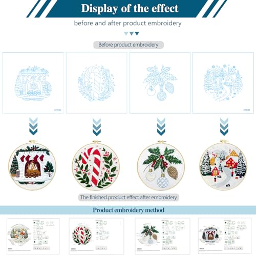 Image of Zhenqing Christmas Embroidery Kit for Beginners - 4 Piece 29x29cm Round Designs with Embroidery Hoop, Threads & Tools (Snowy Cabin, Fireplace, Candy Cane, Holly)(C0066)