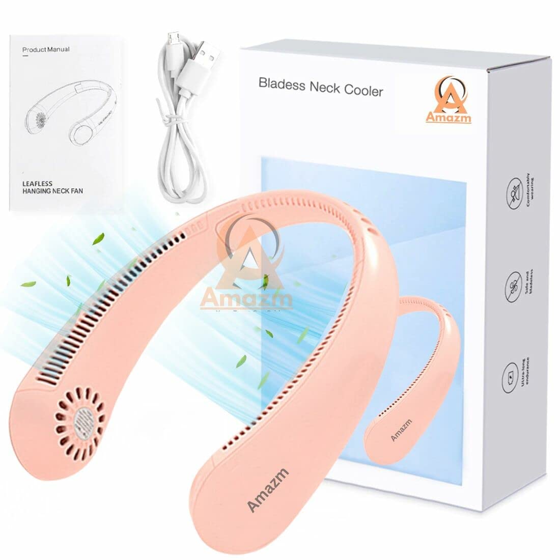Amazm Rechargeable Portable Mini USB Bladeless Neck Fan - 20 Hours Playtime, 9000mAh Battery - Hands-Free and Wearable Design for Camping, Hiking, and Outdoor Travel