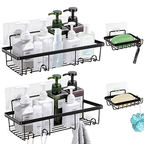 AYIYUN 4 Stück Duschregal Organizer mit Seifenschalen, Selbstbad Regal mit 8 Haken zum Aufhängen von Rasierern, Schwamm, ohne Bohren Wandhalterung, Duschaufbewahrungszubehör, rostfrei, schwarz Cover