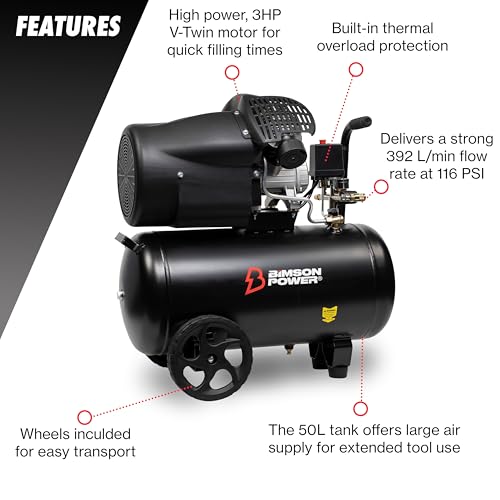 Bimson Power Air Compressor V-Twin 50 Litre Air Tank, Low Noise, 2200W / 3.0HP, 116 PSI, Oil Free Air Compressor, 292L /min, Portable, Lightweight, No Overheating,230V, 2 Year Warranty 2 Bimson Power Air Compressor V-Twin 50 Litre Air Tank, Low Noise, 2200W / 3.0HP, 116 PSI, Oil Free Air Compressor, 292L /min, Portable, Lightweight, No Overheating,230V, 2 Year Warranty - Image 2