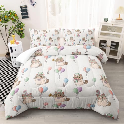 Image of AILONEN Cute Party Cat Comforter Twin Size 3 Piece Cartoon Kitten Balloon Bedding White Animal Quilt Girls Kids Dorm Room Decor Lightweight Soft Breathable Microfiber Cover