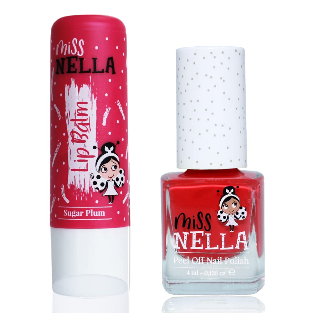 Miss Nella Nail Polis + Lip Balm set- Special Pink Peel-off Nail Polish for Kids with Water Based & Odour Free Formula + SUGAR PLUM hypoallergenic lip balm