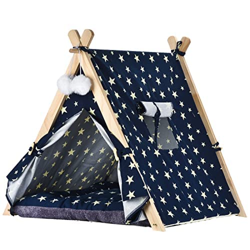 Yoz&Papa Pet Teepee Cat Tents for Indoor Cats & Dogs, 24 Inch Portable Indoor Dog House with Thick Cushion & DIY Plaque, Washable Cat Teepee, Dog Teepee Bed, Dog Tent Bed, Dog House Indoor(Blue Star)