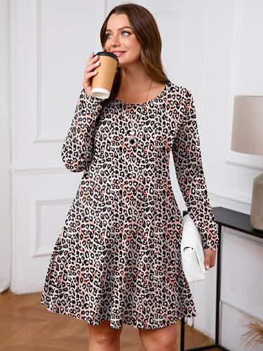 Image of AusLook Women's Plus Midi Dress Long Sleeve Crew Neck A-Line Swing Flowy Vacation Fall Wedding Guest Dresses with Pocket 1-5X