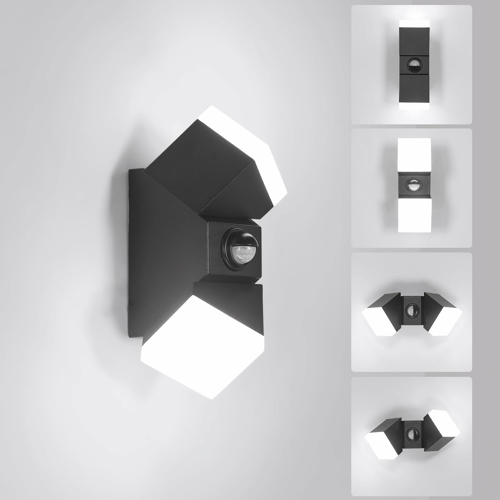 Goeco Aplique Pared Exterior, IP65 Lámpara Pared, Orientable 340°, 12W 1550lm Blanco Frío 6500K, Luz con Sensor de Movimiento, Luz Exterior para Pared, Puerta y Balcón, 19cm, Negro