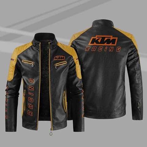 YRSHENG Men's PU Faux Leather Jackets K.T.M Printing Motorcycle Bomber Large Size Jacket Full Zip Winter Tops - Warm Gift-yellow||S Cover