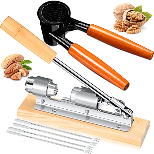 Benver 6 Pieces Nut Crackers Set, Include Wood Handle Pecan Nut Cracker, Adjustable Desktop Nut Crackers Non-Slip Nut Plier Opener, 4 Pieces Stainless Steel Nut Picks for Pecan Walnut Hazelnut Almond