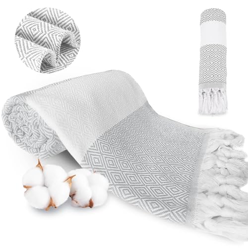 YumLock Turkish Beach Towel 100% Cotton Oversized 180x100cm - Quick-Dry Sand-Free Bath Sheet Boho Design for Pool Travel Yoga - Soft Absorbent & Lightweight Ideal Gift Grey