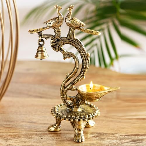 Image of ExclusiveLane 'Peacock Pair' Brass Oil Diya for Pooja Room With Gem Work (100% Pure Brass, 1 Wick, 20 ml, 1.3 Kg)|Brass Diyas for Pooja Diyas for House Warming Table Diya Diwali Return Gifts for Pooja
